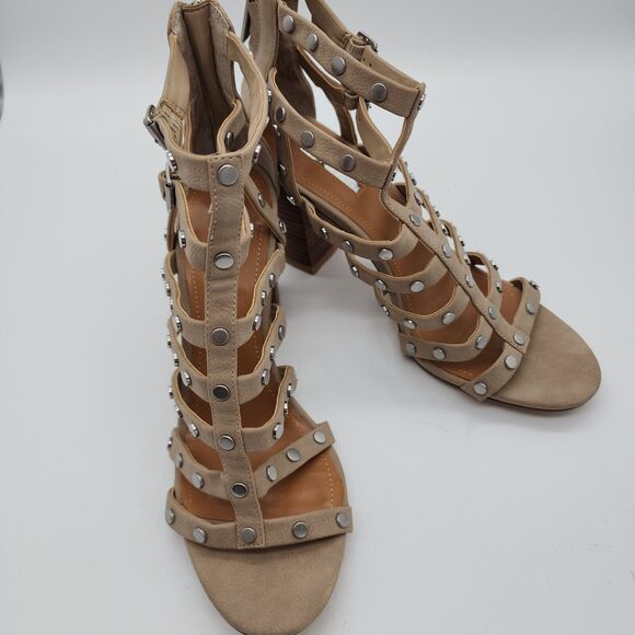 Bcbgeneration Chasta Strappy Sandals Size 9.5M Tan Block Heel Caged Studded - Picture 5 of 13